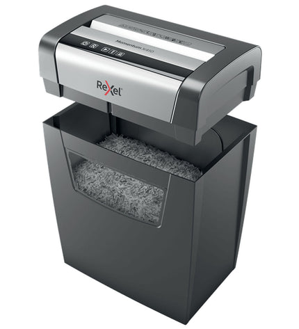 Rexel Momentum X410 paper shredder with 23L capacity, office electronics and office supplies, showing shredder in use