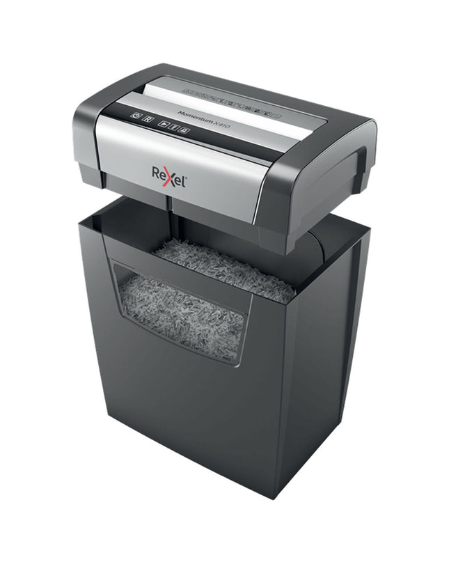 Rexel Momentum X410 paper shredder with 23L capacity, office electronics and office supplies, showing shredder in use