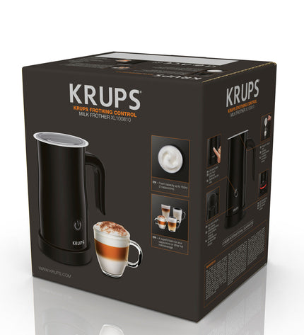 Krups XL1008 black milk frother with 500W power and 150ml capacity, compact kitchen appliance for frothing milk.