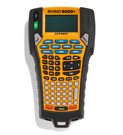 Dymo Rhino 6000+ handheld label maker with keyboard and display, designed for office labeling and organizational tasks.
