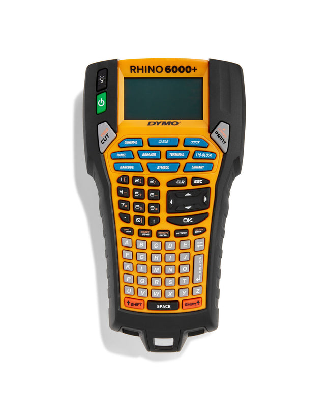 Dymo Rhino 6000+ handheld label maker with keyboard and display, designed for office labeling and organizational tasks.