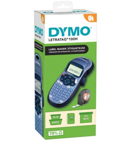 Dymo LT100-H manual labelmaker for office use, with black and gray design, compact and handheld for easy label printing.