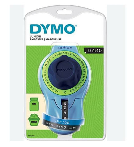 Dymo handmatige labelmachine for office use with label tape, black and white device for creating labels.