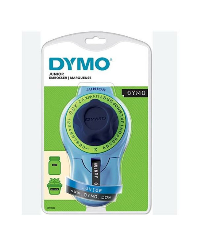 Dymo handmatige labelmachine for office use with label tape, black and white device for creating labels.