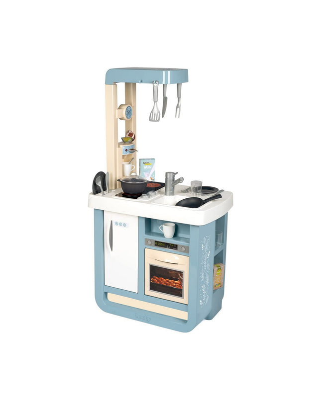 Smoby Bon Appetit toy kitchen in beige and blue, measuring 52x32.5x95.7 cm, designed for imaginative play and pretend cooking.