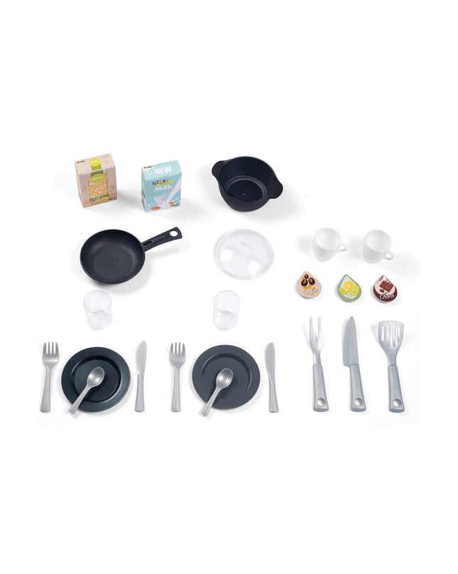 Smoby Bon Appetit toy kitchen in beige and blue with stove, sink, and countertop, perfect for imaginative play.