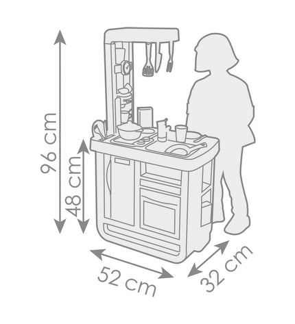 Beige and blue Smoby Bon Appetit toy kitchen with stove, sink, and storage, measuring 52x32.5x95.7 cm, for imaginative play.