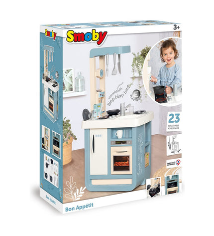 Beige and blue Smoby Bon Appetit toy kitchen with realistic features, measuring 52x32.5x95.7 cm, for imaginative play.