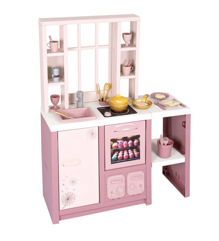 Smoby speelgoedkeuken with realistic stove, sink, and play utensils, designed for imaginative pretend cooking fun.
