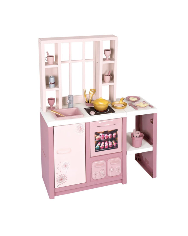 Smoby speelgoedkeuken with realistic stove, sink, and play utensils, designed for imaginative pretend cooking fun.