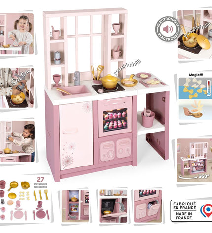 Smoby toy kitchen with colorful stove, oven, and play accessories, perfect for imaginative pretend cooking play.