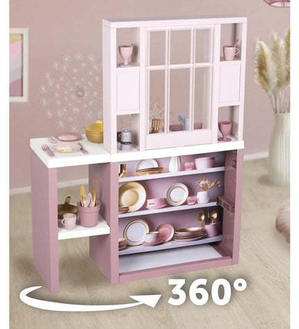 Smoby speelgoedkeuken with realistic stove, sink, and countertop, perfect for imaginative play and role-playing games.