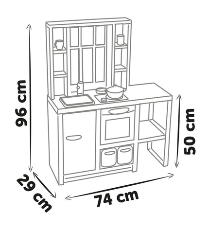 Smoby speelgoedkeuken with realistic stove, sink, and utensils, perfect for imaginative play in children.