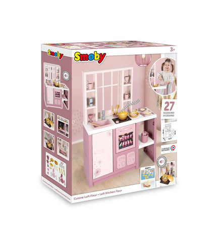 Smoby speelgoedkeuken with realistic stove, sink, and utensils, perfect for imaginative play in a children's toy kitchen.