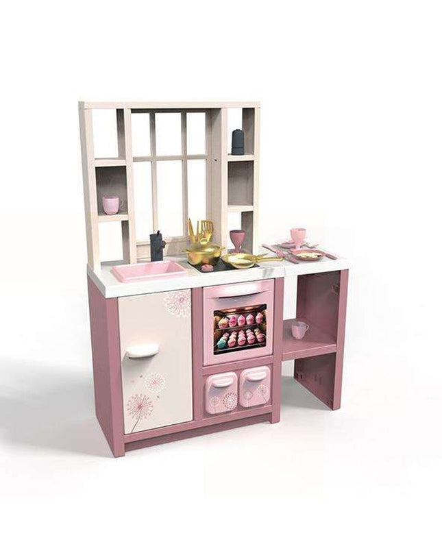 Smoby speelgoedkeuken met gele en blauwe speelhoek, inclusief keukengerei en accessoires voor kinderen, imiteert een echte keuken