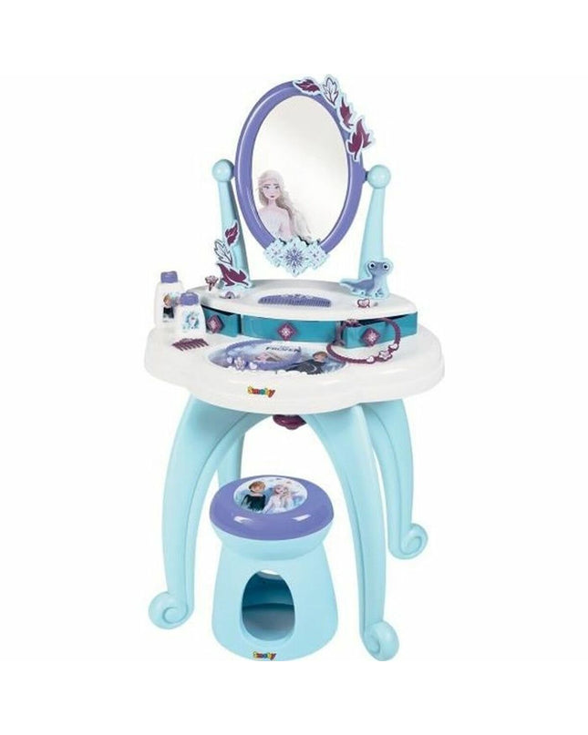 Smoby toilet with attached bench in a children's playhouse, featuring realistic design and bright colors.