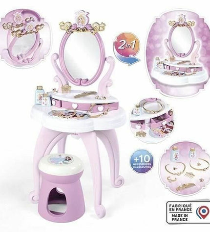 Smoby Princess toilet with matching bench for children's pretend play, featuring colorful princess-themed design and durable plastic construction.