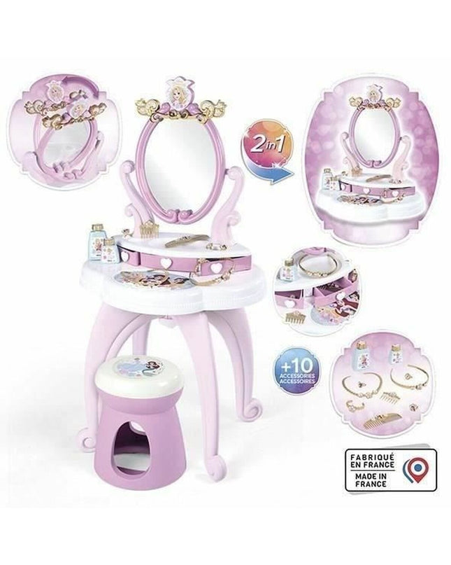 Smoby Princess toilet with matching bench for children's pretend play, featuring colorful princess-themed design and durable plastic construction.