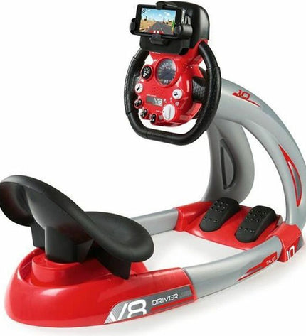 Smoby Pilot V8 driver rijsimulator with gray holder, toy racing game for outdoor and sports play, realistic racing setup.