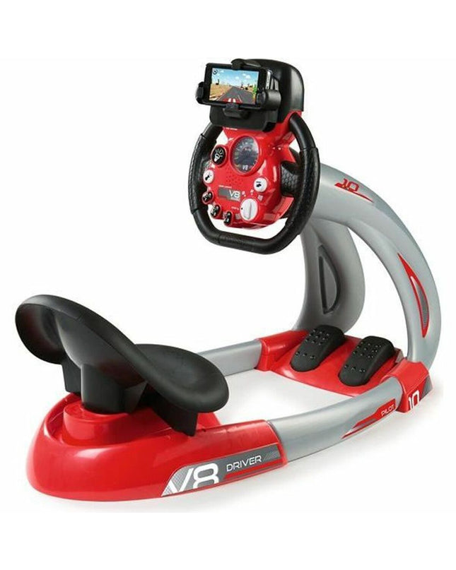 Smoby Pilot V8 driver rijsimulator with gray holder, toy racing game for outdoor and sports play, realistic racing setup.