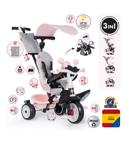 Pink Smoby three-wheeled scooter for kids, suitable for outdoor play and active fun, with adjustable handlebars and sturdy design.