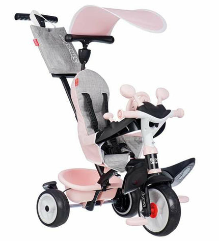 Pink Smoby tricycle for kids, suitable for outdoor play, featuring a sturdy design and colorful details for active outdoor fun.