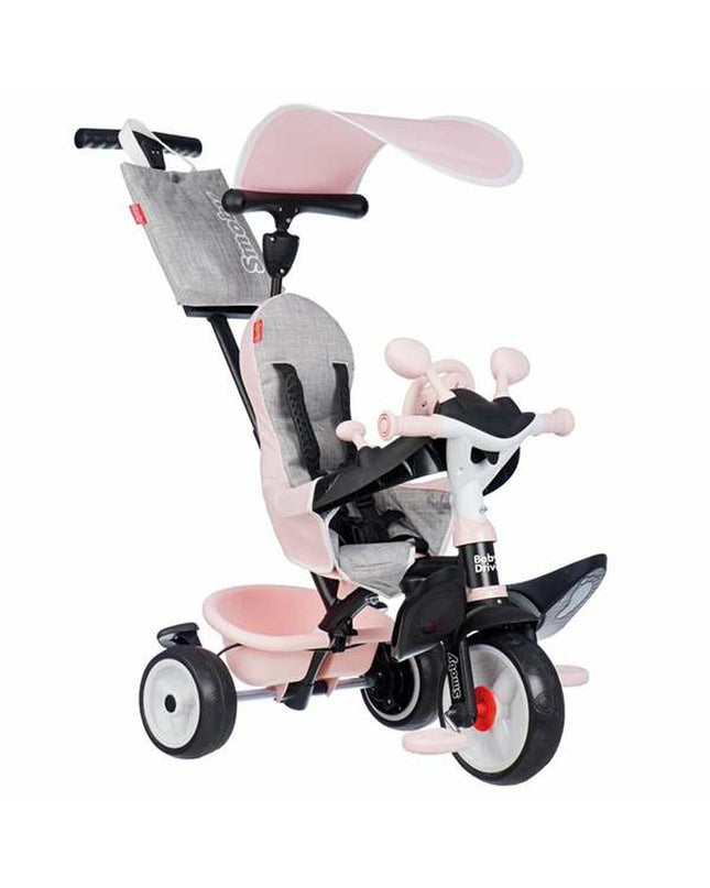 Pink Smoby tricycle for kids, suitable for outdoor play, featuring a sturdy design and colorful details for active outdoor fun.