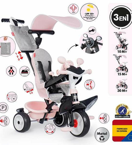 Pink Smoby tricycle for children, outdoor toy and sports equipment, with sturdy frame and colorful design for outdoor play.