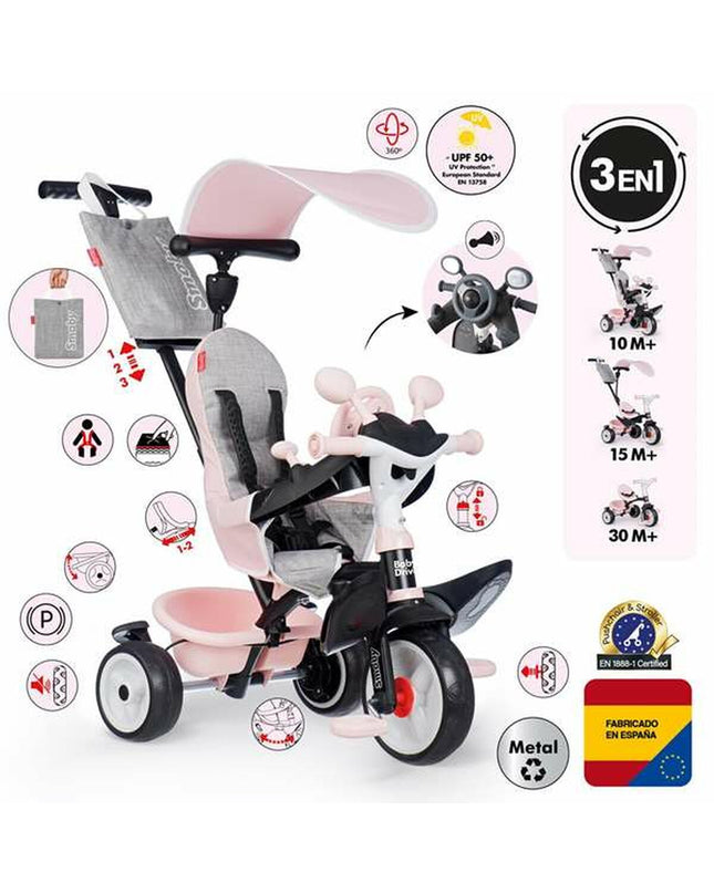 Pink Smoby tricycle for children, outdoor toy and sports equipment, with sturdy frame and colorful design for outdoor play.