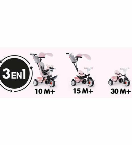 Pink Smoby tricycle for children, with sturdy wheels and a comfortable seat, designed for outdoor play and fun.