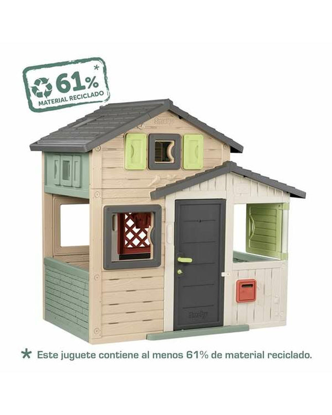 Smoby Evo Friends children's playhouse in bright colors, measuring 162 x 164 cm, designed for outdoor play and fun.