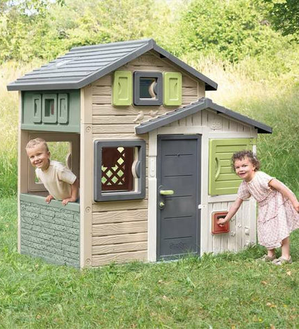 Smoby Evo Friends children’s playhouse in green and yellow, 162 x 164 cm, outdoors toy for kids, with windows and door features.