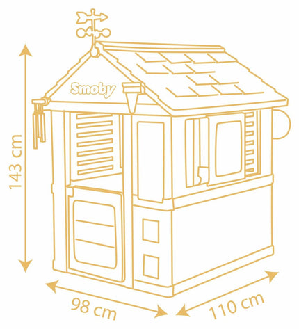 Smoby speelgoedhuis voor kinderen, outdoor speeltje met rode en blauwe details, afmetingen 102,7 x 121,8 x 143,4 cm.