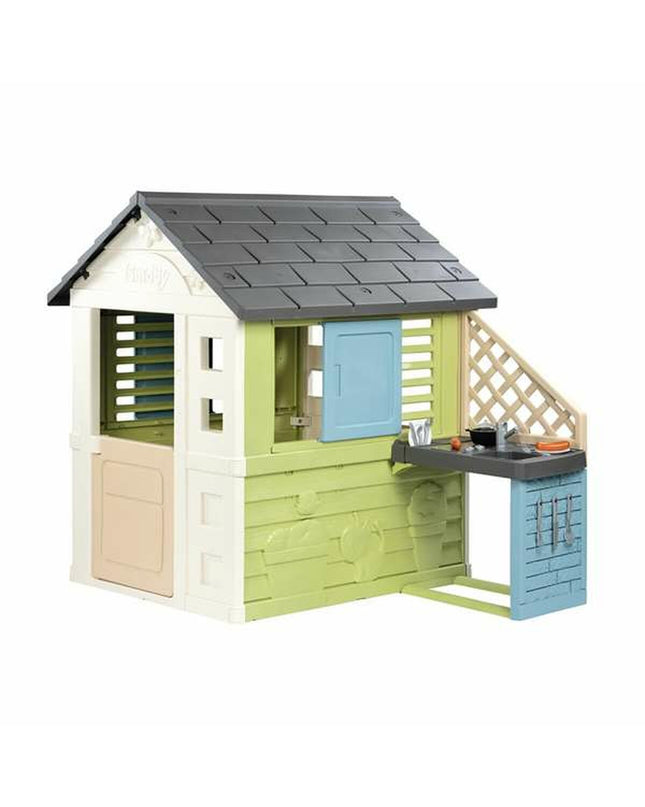 Smoby children's playhouse toy with colorful windows, door, and outdoor design, ideal for outdoor play and imaginative fun.