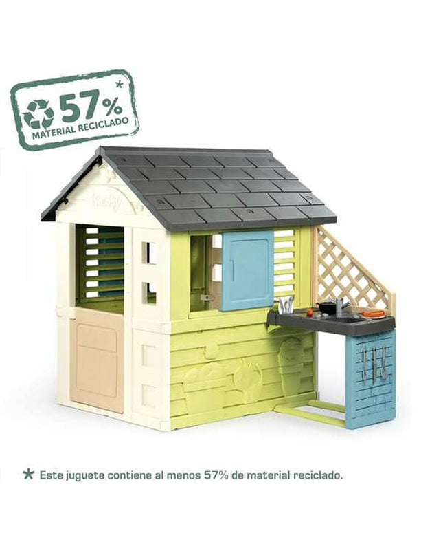 Colorful Smoby children's playhouse for outdoor fun, featuring windows and doors, ideal for active play and imaginative adventures.