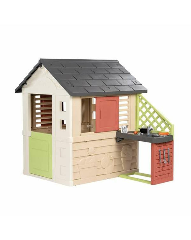 Smoby Nature children's toy house for outdoor play, featuring colorful plastic construction and open-door design.