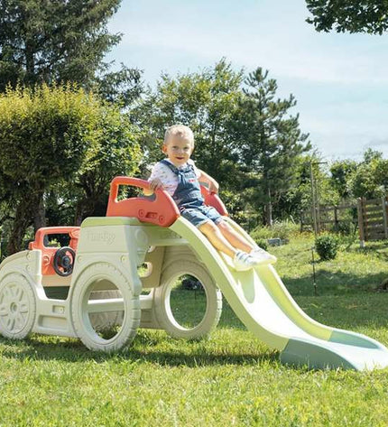 Smoby playground set for kids featuring slides and climbing structures, designed for outdoor play and active fun.