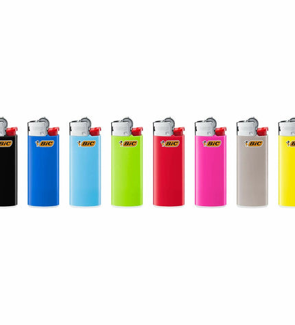 Bic mini J25 multicolour cigarette lighters, set of 50, for household, cooking, and cleaning use, with colorful plastic bodies.