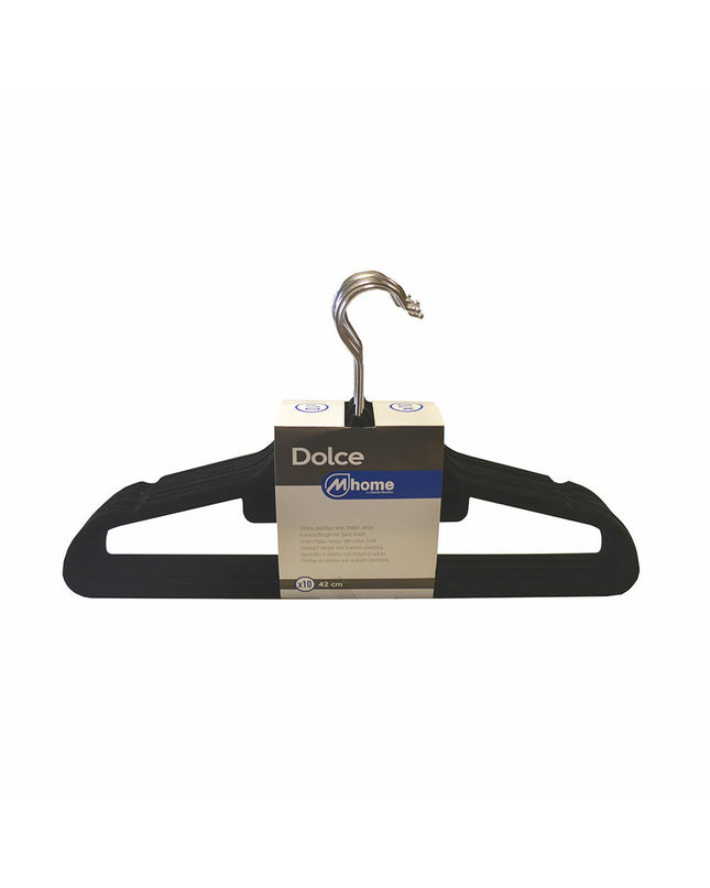 Set of 10 black plastic velvet clothing hangers from Mondex, 42 cm, ideal for wardrobe organization and storage.