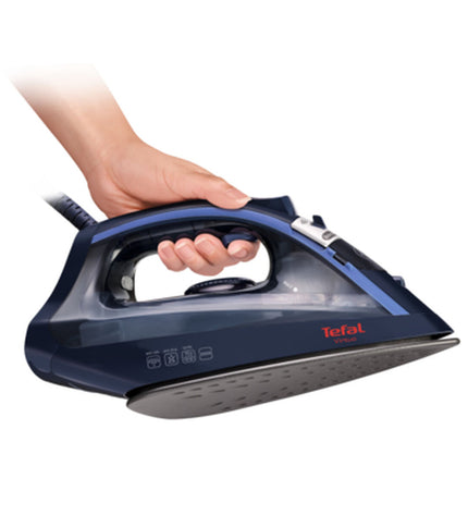 Blue Tefal FV 1713 steam iron with 2000W power, shown with water tank and control buttons for household ironing.