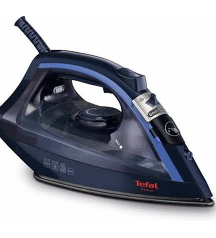 Tefal FV 1713 blue steam iron with 2000W power, shown on a white surface, designed for household clothes ironing.