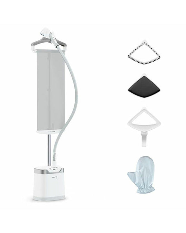 Rowenta steam iron on ironing board, showing sleek design and control panel for efficient home ironing.