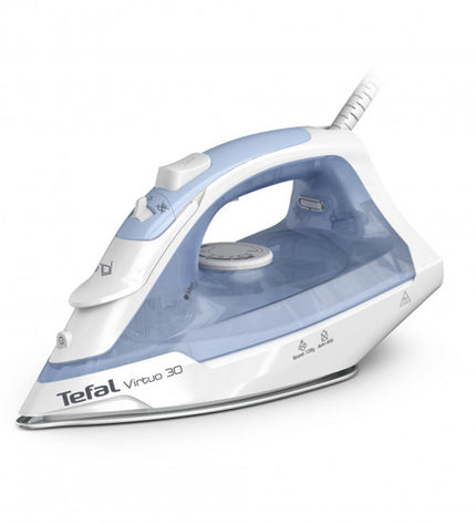 Tefal FV2C41 VIRTUO30 steam iron with 2000W power, white and gray design, showing the iron's soleplate and controls.