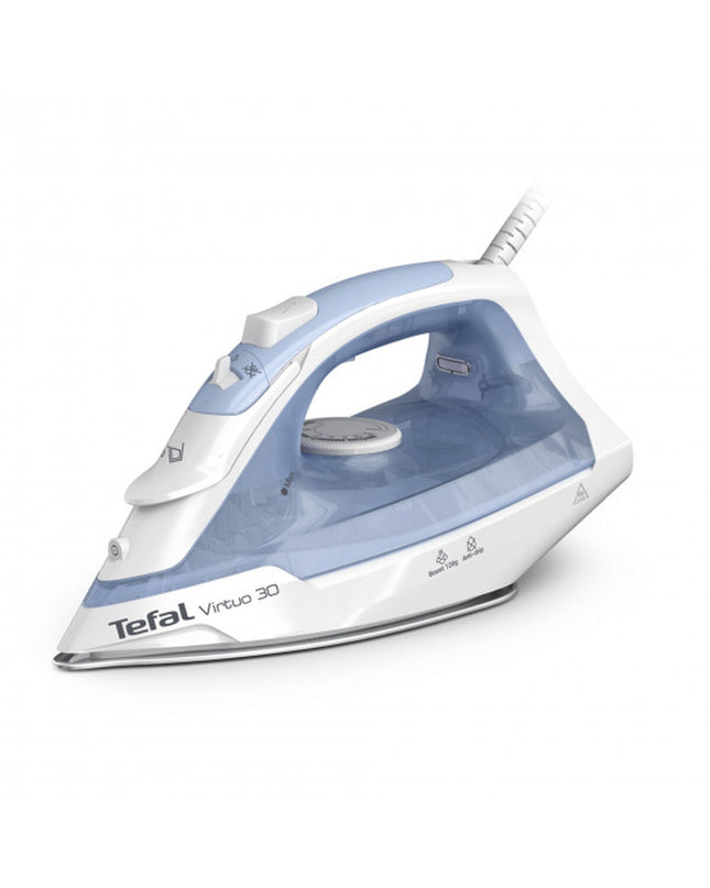 Tefal FV2C41 VIRTUO30 steam iron with 2000W power, white and gray design, showing the iron's soleplate and controls.