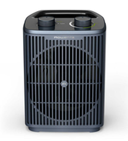 Rowenta SO2351 portable heater in gray with 2000W power, designed for home heating and cooling, shown in a modern living space.