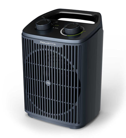 Rowenta SO2351 gray portable heater with 2000W power, suitable for home and kitchen heating, shown in a home setting.