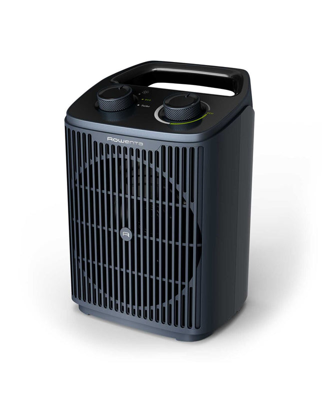 Rowenta SO2351 gray portable heater with 2000W power, suitable for home and kitchen heating, shown in a home setting.