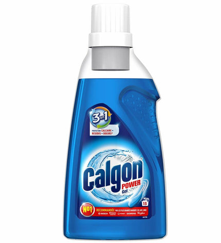 Calgon Power 3 in 1 Gel for washing machines, 750 ml bottle, suitable for 15 laundry cycles, in a household cleaning setting.
