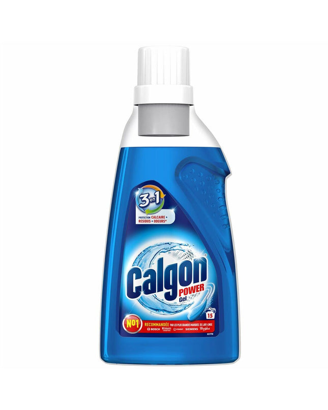 Calgon Power 3 in 1 Gel for washing machines, 750 ml bottle, suitable for 15 laundry cycles, in a household cleaning setting.