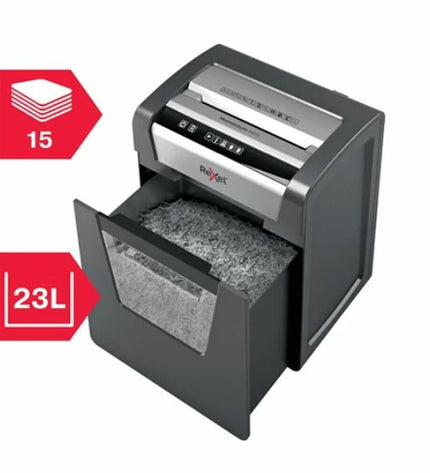 Rexel 2104576EU paper shredder with 23L capacity, office electronics and stationery, showing the shredder in a workspace setting.
